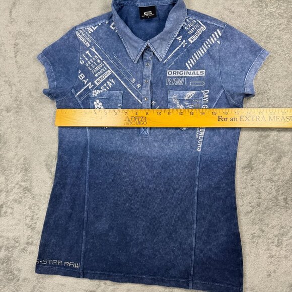 RARE G-Star Raw Womens Rhinestone Western Denim Stone Wash Polo Shirt Y2K Ombre - Picture 9 of 10